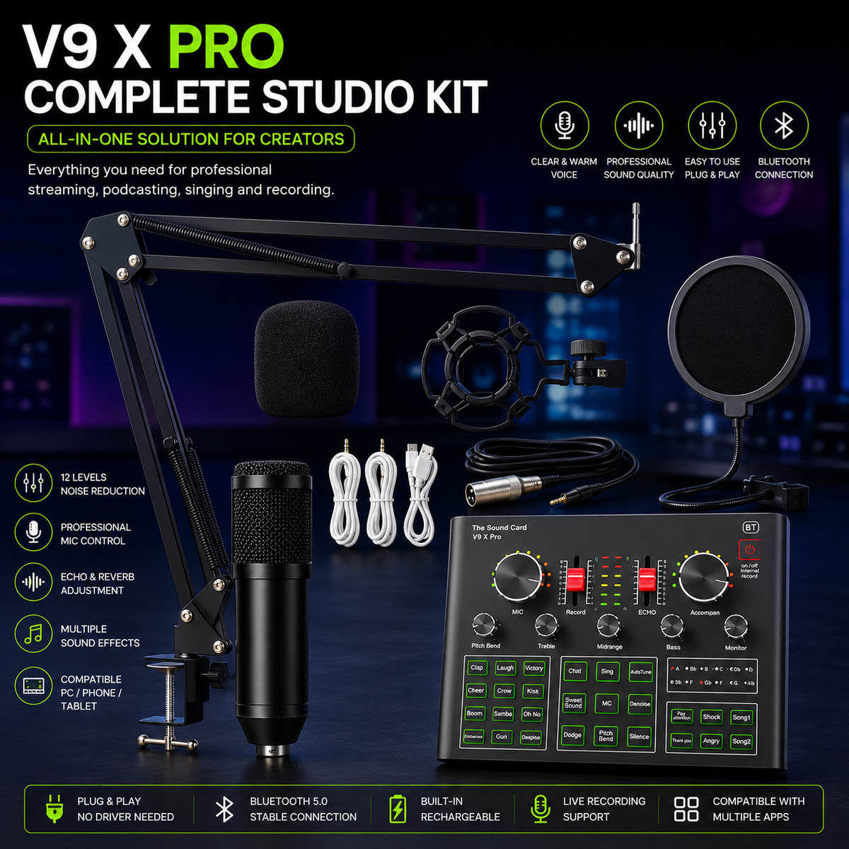 BM-800 Condenser Microphone Kit + V9 X Pro Sound Card | Streaming Bundle