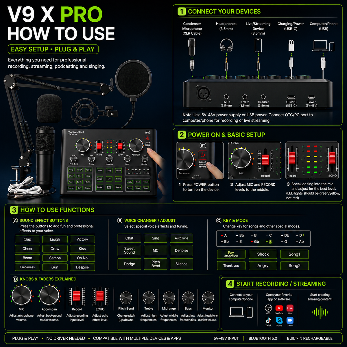 BM-800 Condenser Microphone Kit + V9 X Pro Sound Card | Streaming Bundle