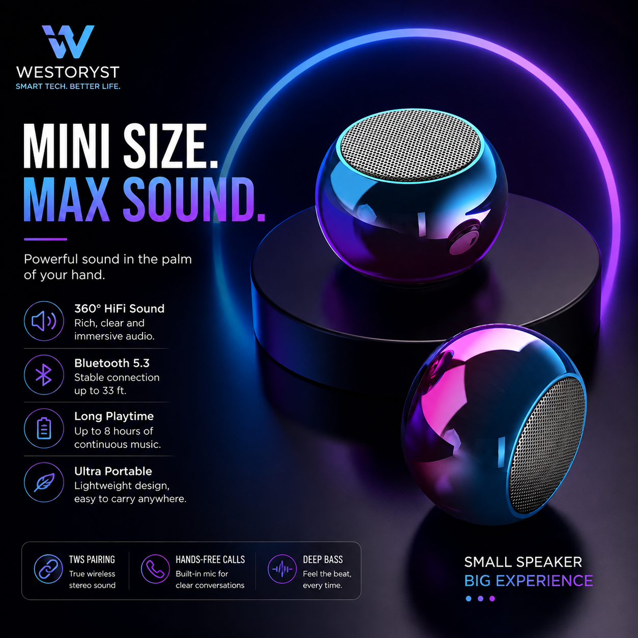 WESTORYST M3 Mini Bluetooth Speaker | 360° HiFi Sound | 8H Playtime | TWS Pairing