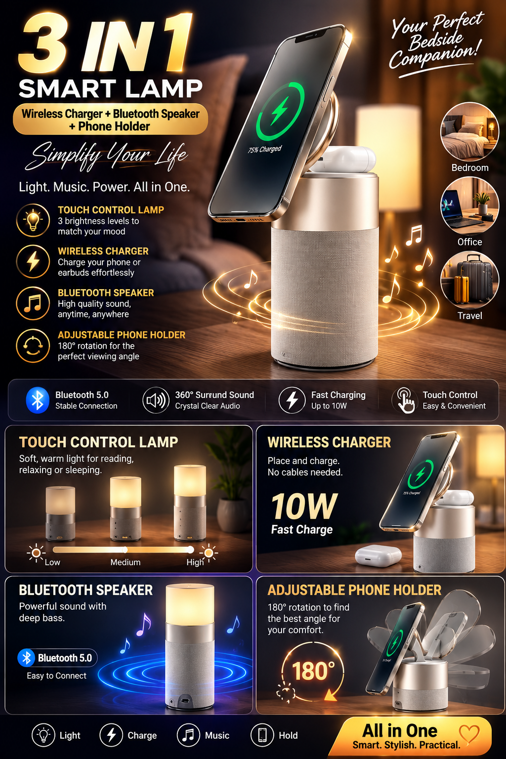 WESTORYST 3-in-1 Smart Lamp | Bluetooth Speaker + Wireless Charger + Phone Holder