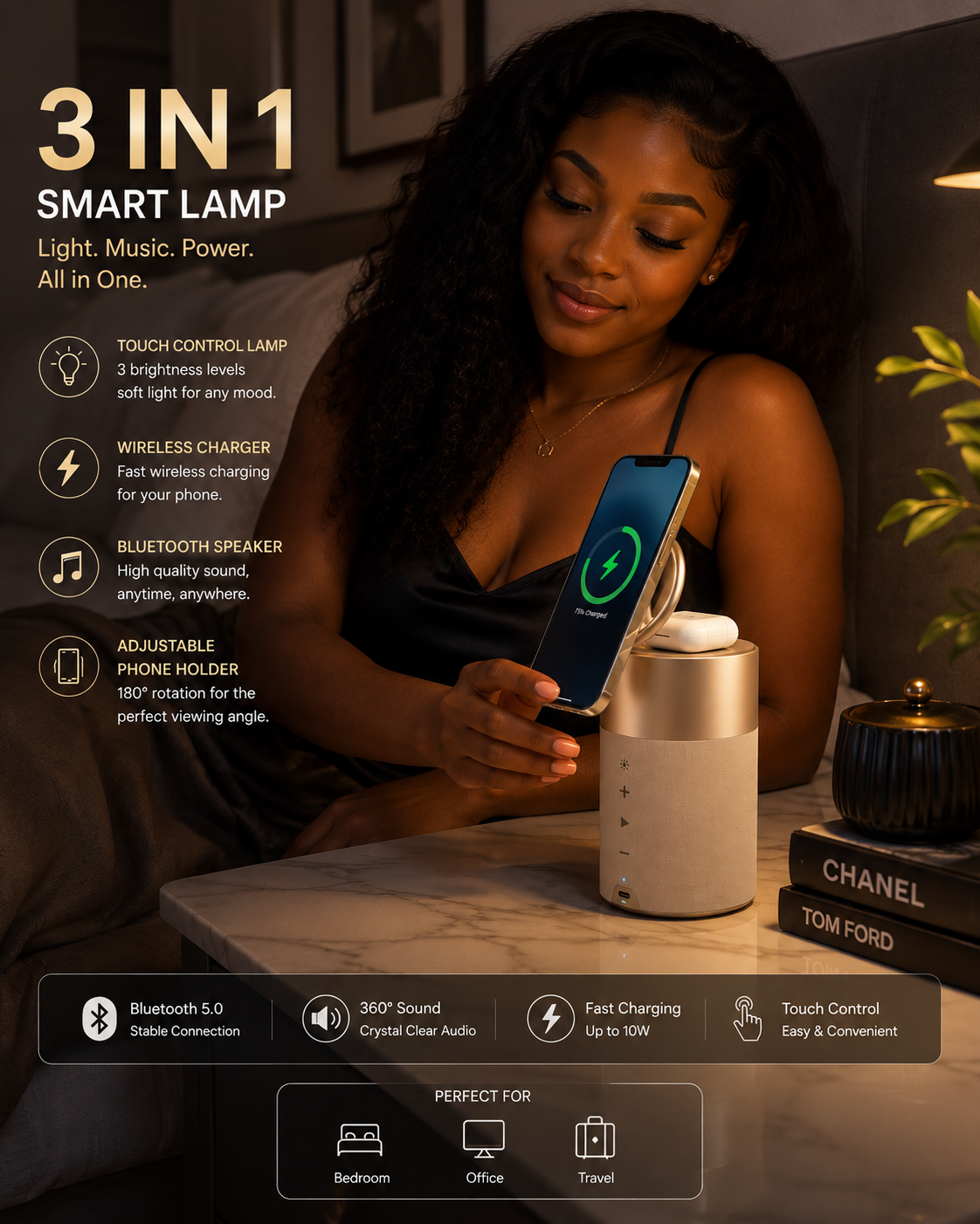 WESTORYST 3-in-1 Smart Lamp | Bluetooth Speaker + Wireless Charger + Phone Holder