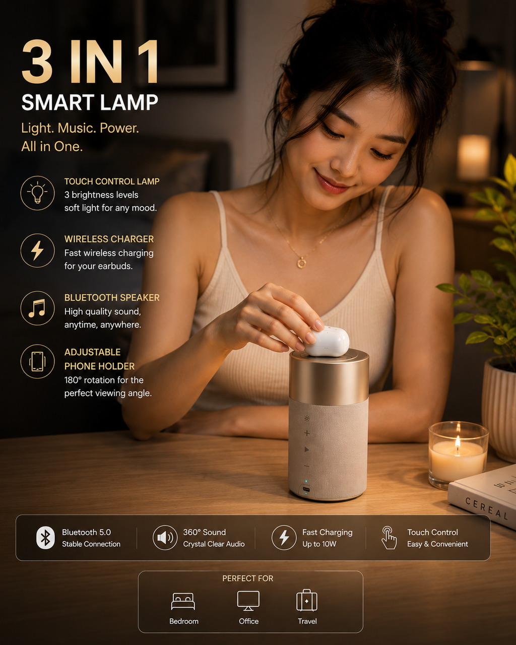 WESTORYST 3-in-1 Smart Lamp | Bluetooth Speaker + Wireless Charger + Phone Holder