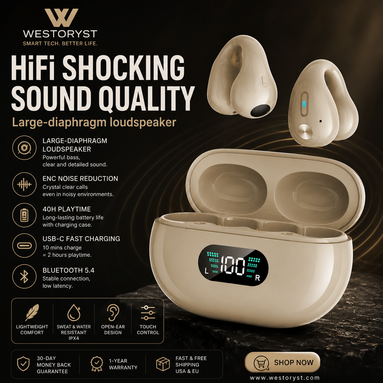 WESTORYST Open-Ear Clip Bluetooth Earbuds | HiFi Sound | 40H Battery | Bluetooth 5.4