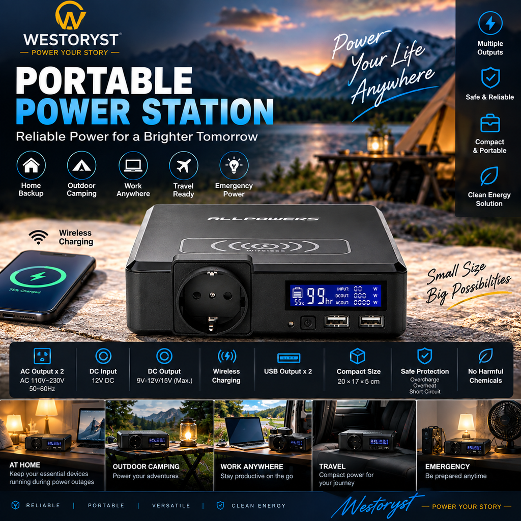 WESTORYST Portable Power Station 200W | 110-230V AC | Wireless Charging | Solar Ready | 154Wh