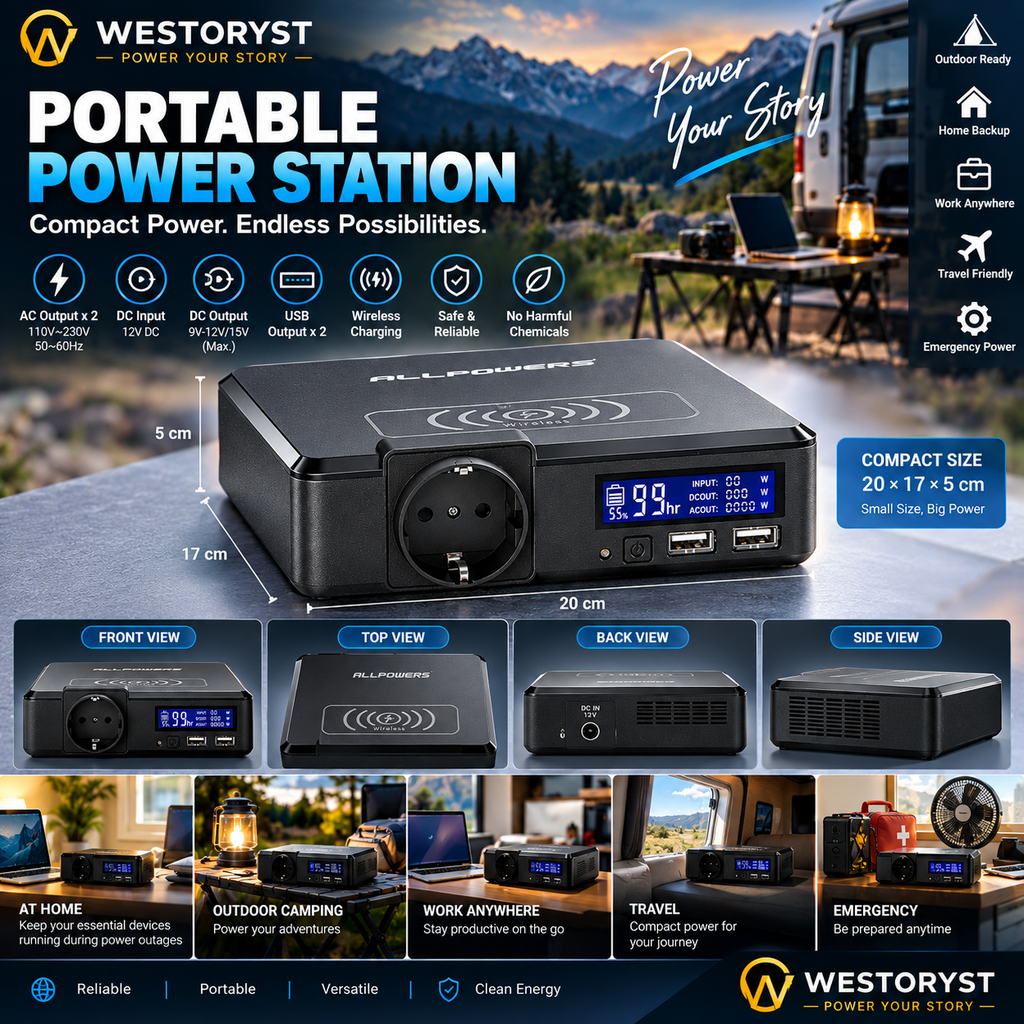 WESTORYST Portable Power Station 200W | 110-230V AC | Wireless Charging | Solar Ready | 154Wh