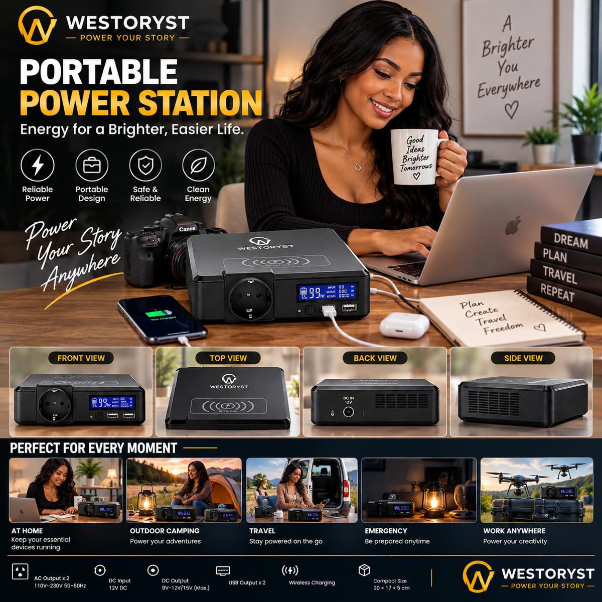 WESTORYST Portable Power Station 200W | 110-230V AC | Wireless Charging | Solar Ready | 154Wh