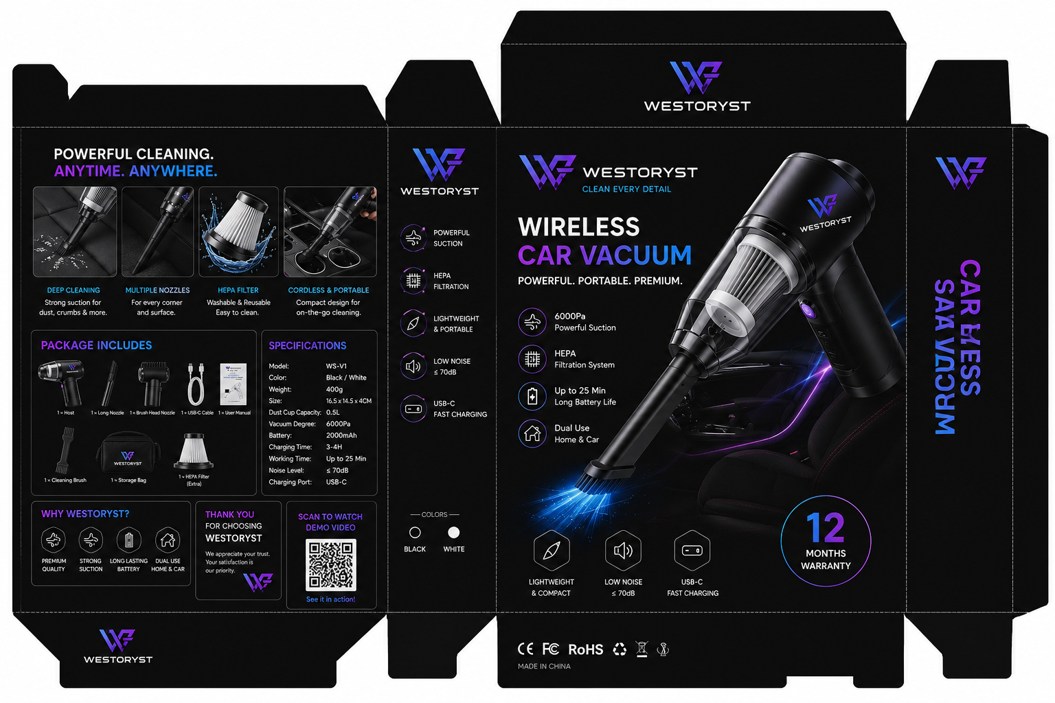 WESTORYST Wireless Car Vacuum - Product Specs