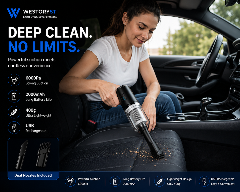 WESTORYST Wireless Car Vacuum - Powerful Suction Compact Design