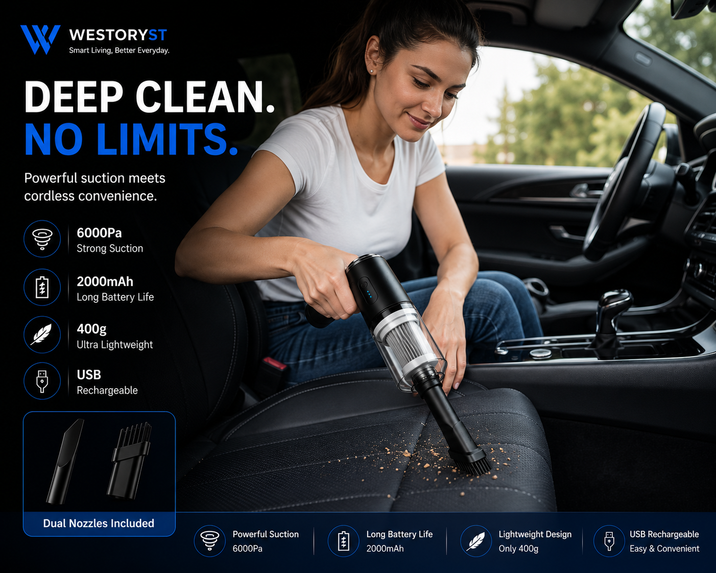 WESTORYST Wireless Car Vacuum - Powerful Suction Compact Design