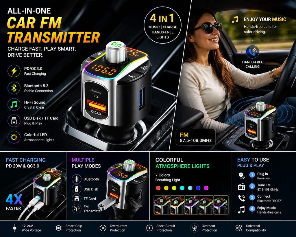 WESTORYST Car FM Transmitter - Charge Fast Play Smart Drive Better