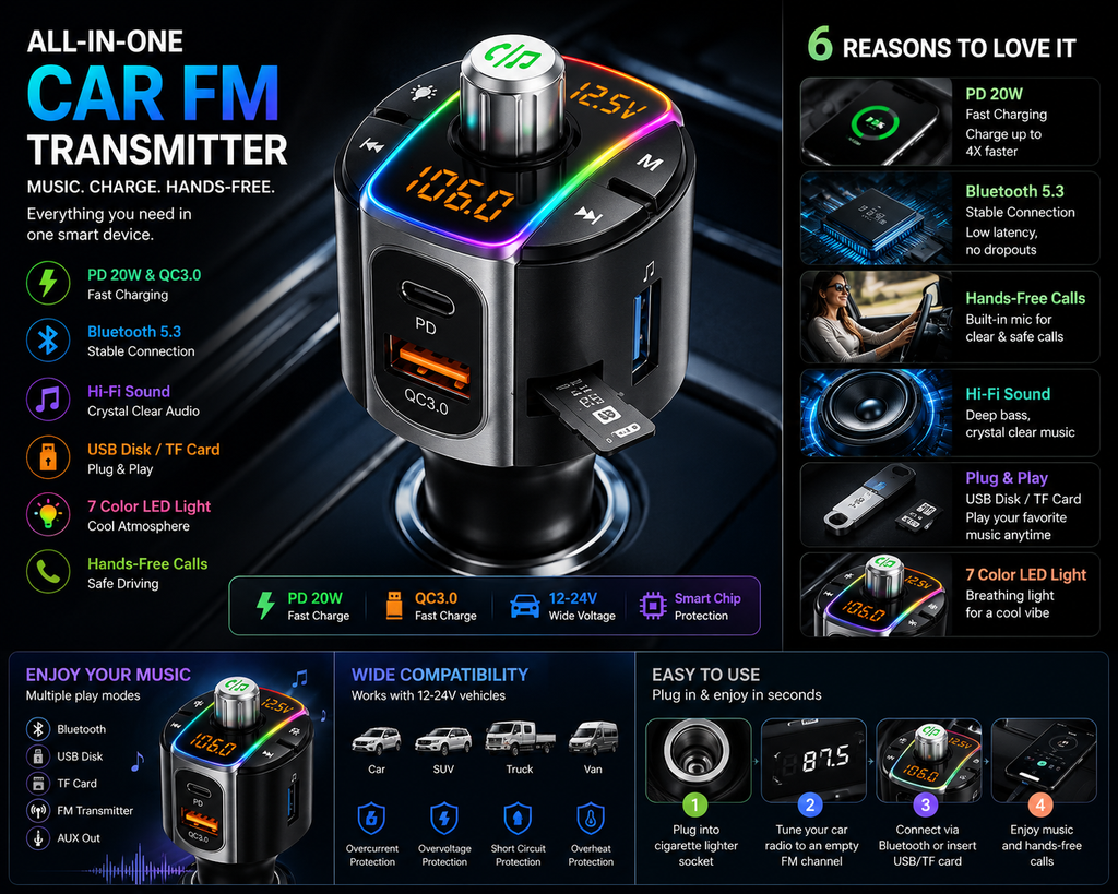 WESTORYST Car FM Transmitter - All-in-One Features Overview