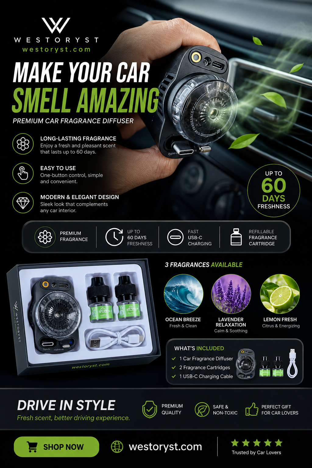 5-in-1 Fast Car Charger with Aromatherapy Diffuser & Ambient Light