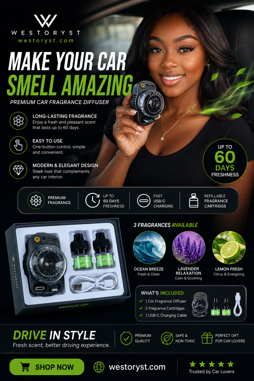 5-in-1 Fast Car Charger with Aromatherapy Diffuser & Ambient Light