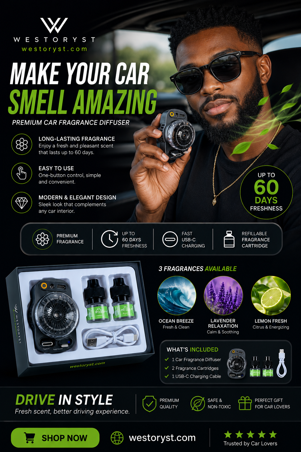 5-in-1 Fast Car Charger with Aromatherapy Diffuser & Ambient Light
