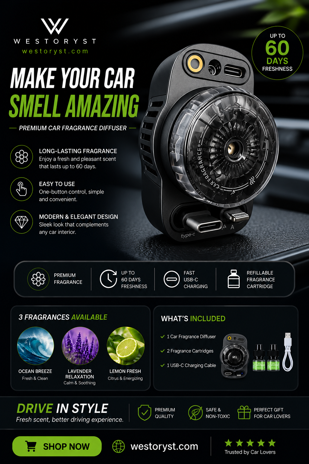 5-in-1 Fast Car Charger with Aromatherapy Diffuser & Ambient Light