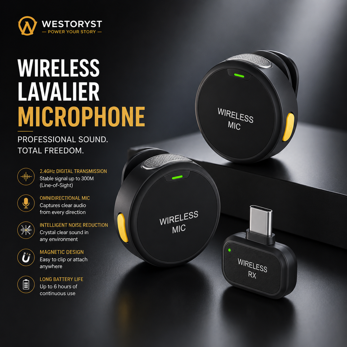 Wireless Lavalier Microphone features - 2.4GHz Digital Transmission - WESTORYST