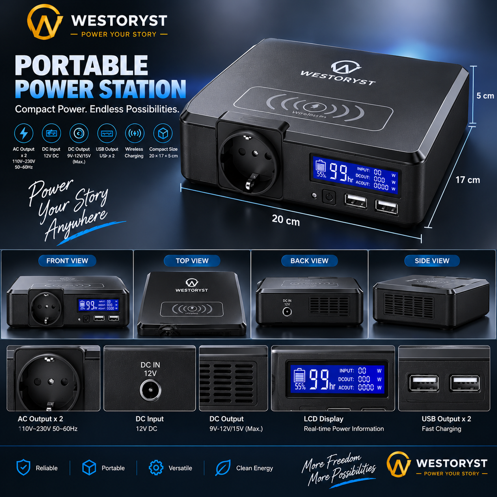 WESTORYST Portable Power Station 200W | 110-230V AC | Wireless Charging | Solar Ready | 154Wh